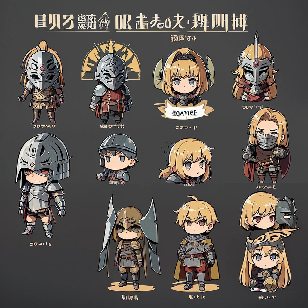 ((((Chibi Character、6 people))))、(((Iron Mask、Iron helmet、Iron Mask))),、Highest quality, Best Quality,Best illustrationedieval Armor、Medieval Knight、Grey Armor、(((20-year-old male)))、(((Living in the desert)))、(Simple Background)、(Mr.々Expression)