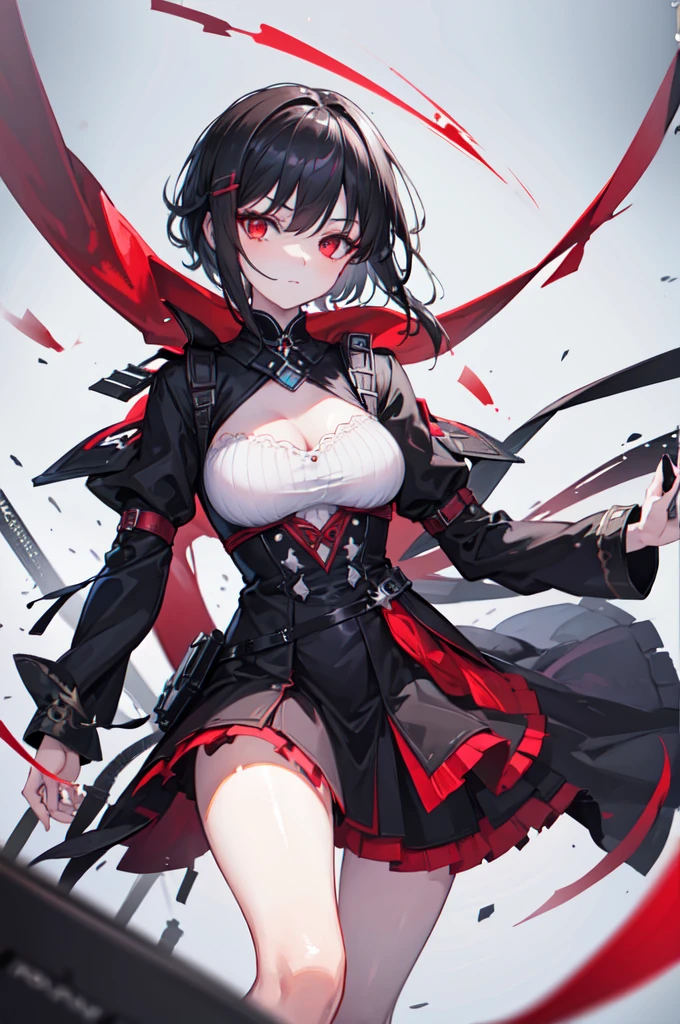 Girl, short black hair, red eyes, warrior, red warrior clothes, big breasts, exposed thighs