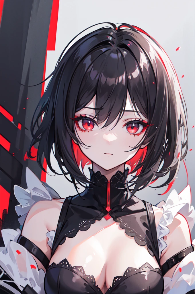 (extremely detailed CG unity 8k wallpaper),(masterpiece), (best quality), (ultra-detailed), (best illustration),(best shadow), (sharp eyeliner, eyeshadow, detailed eyes:1.1),, ,BREAK, IWS2000,  women, black short hair, red eyes, evil face, black maid, assassin