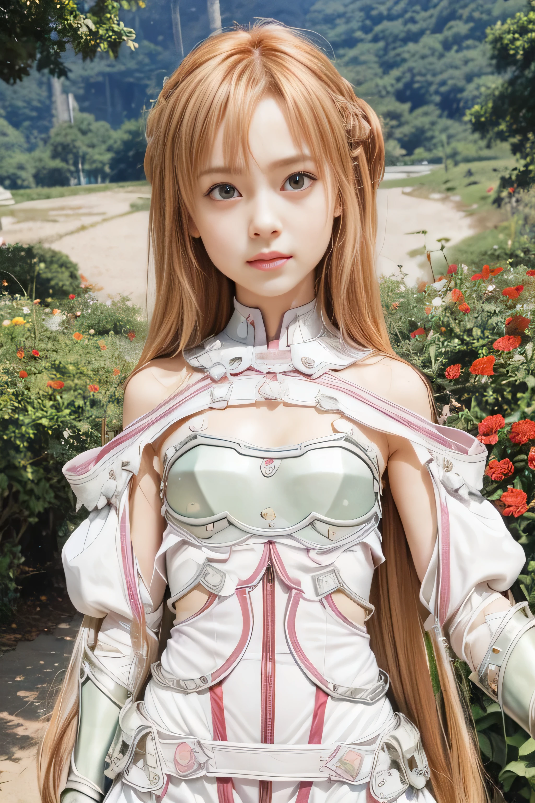 masterpiece, best quality, (realistic,photo-realistic:1.4), (RAW photo:1.2), extremely detailed CG unity 8k wallpaper, delicate and beautiful, amazing,finely detail, official art, absurdres, incredibly absurdres, huge filesize, ultra-detailed,extremely detailed eyes and face,light on face,yuuki asuna,(little smile),(caramel hair:1.4),(very long hair:1.6),(wearing armored dress :1.5),castle,(small breast:1.3),city background