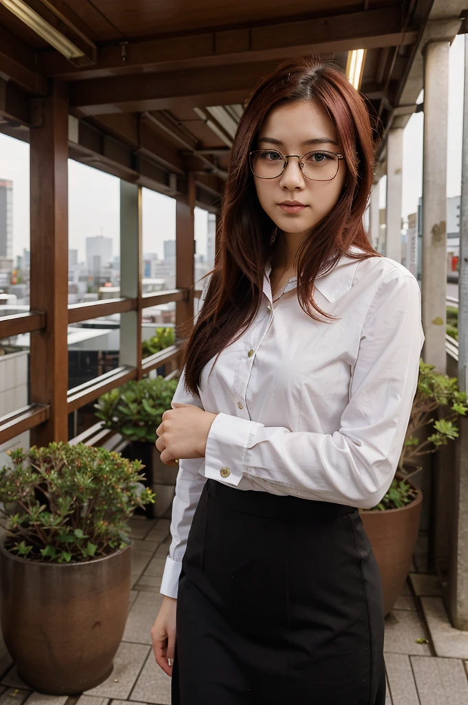 20s years old female wearing office clothing, glasses, japanese. The background behind her is Tokyo scenery.
Her hair is dark-red colored.