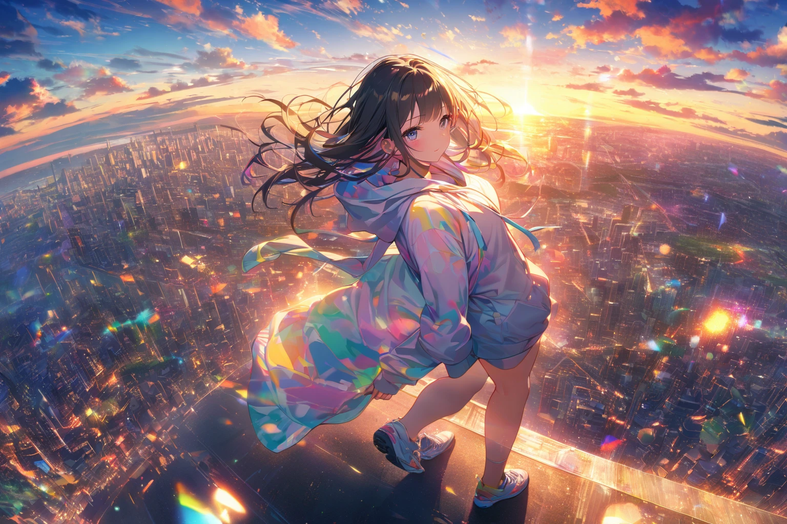 Angelic, Detail of a walking woman, Woman in hoodie, 女性の上にAngelic輪がある, city, road, sunrise, horizon, In the sky, city of clouds, Lens flare, colorful, High resolution, 8K