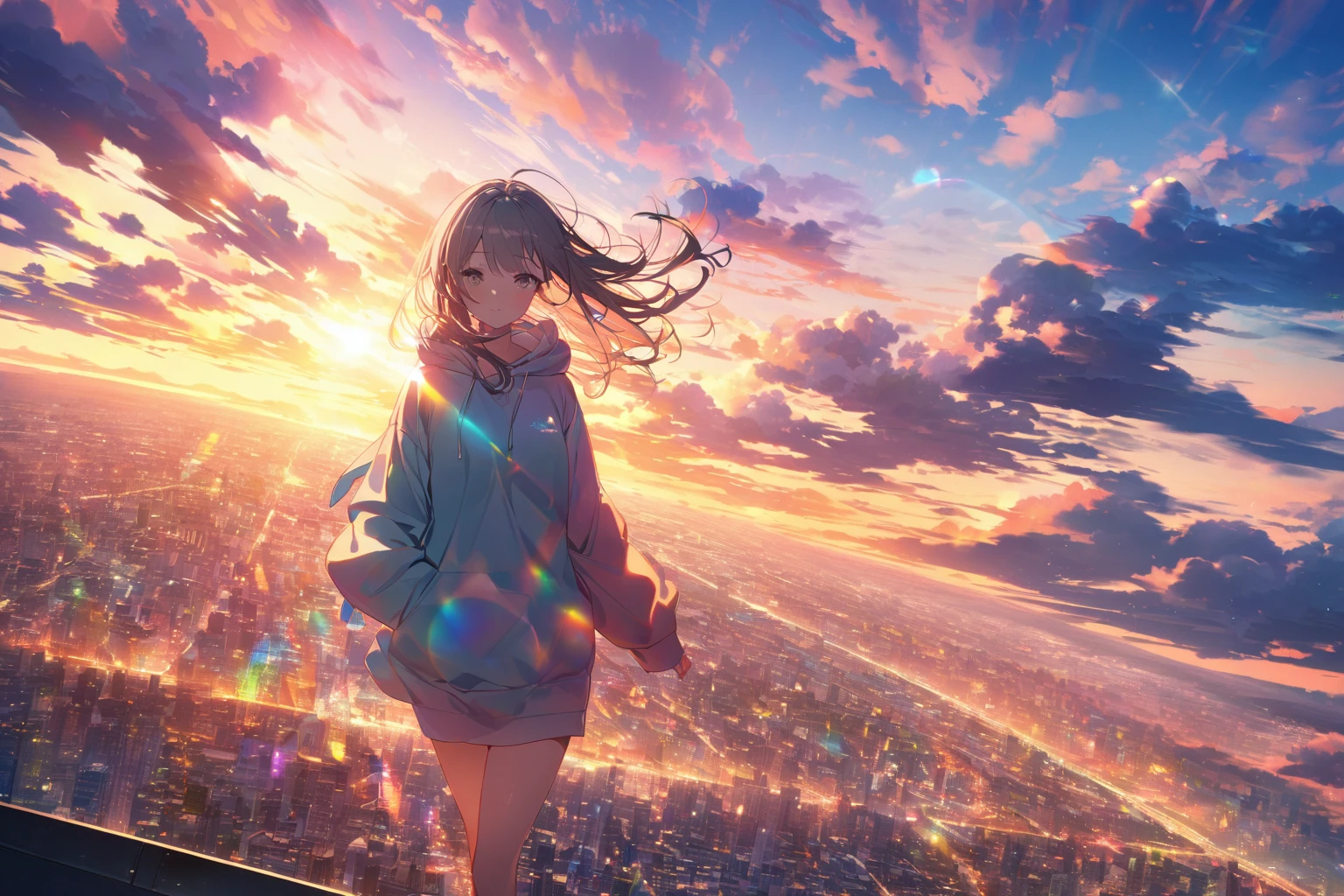 Create exquisite illustrations reminiscent of Makoto Shinkai's style, It has ultra-fine details and top-notch quality. angelic, detailed woman who is walking, woman wearing hoodie, highest billding in city, road, sunrise, horizon, skyline, in the sky, city of clouds, colorful, high-res, 8K