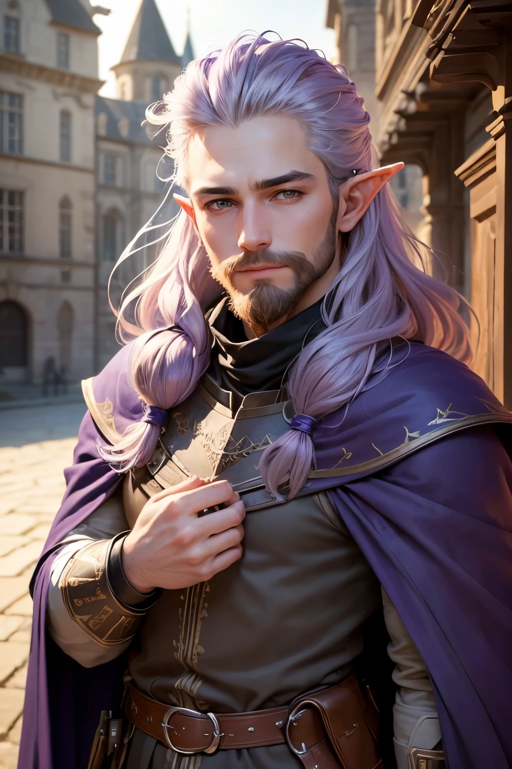 ((best quality)), ((masterpiece)), (detailed), Prize-winning works, with incredible details, maximum textures and details, uhd ,8K,super resolution ,depth of field, retina, masterpiece, anatomically correct, textured skin, super detail, high details, highres ,1 Male Elf Medieval Fantasy RPG Adventurer,hair in the wind,very long light purple hair ,((sem beard,)),shy smile,similar to the work of JRR Tolkien,black long cape ,lightweight armour,fully body, hyper-detailed piercing eyes , (25 year old young man :1.1,detailedeyes, face detailed, whole body:1.1,the background is a magnificent castle  ),(best qualityer:1.2,ultra detali:1.1,realisitic:1.37) ,eyeshadows,sharp focus,swirly vibrant colors,)