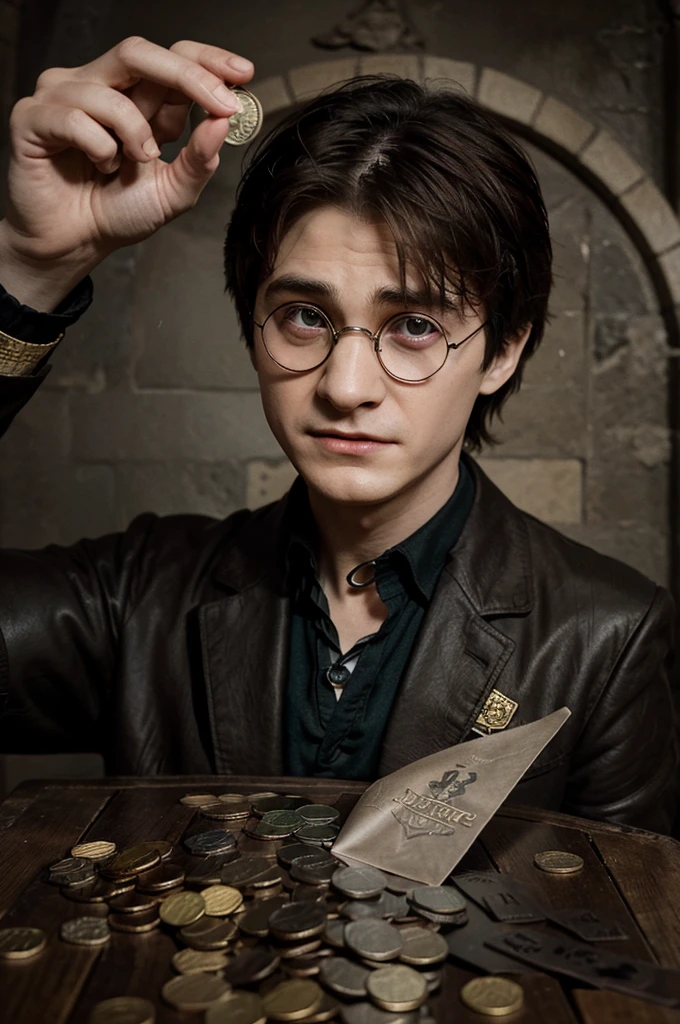Sticker for telegram, Harry Potter cries with coins in his hand