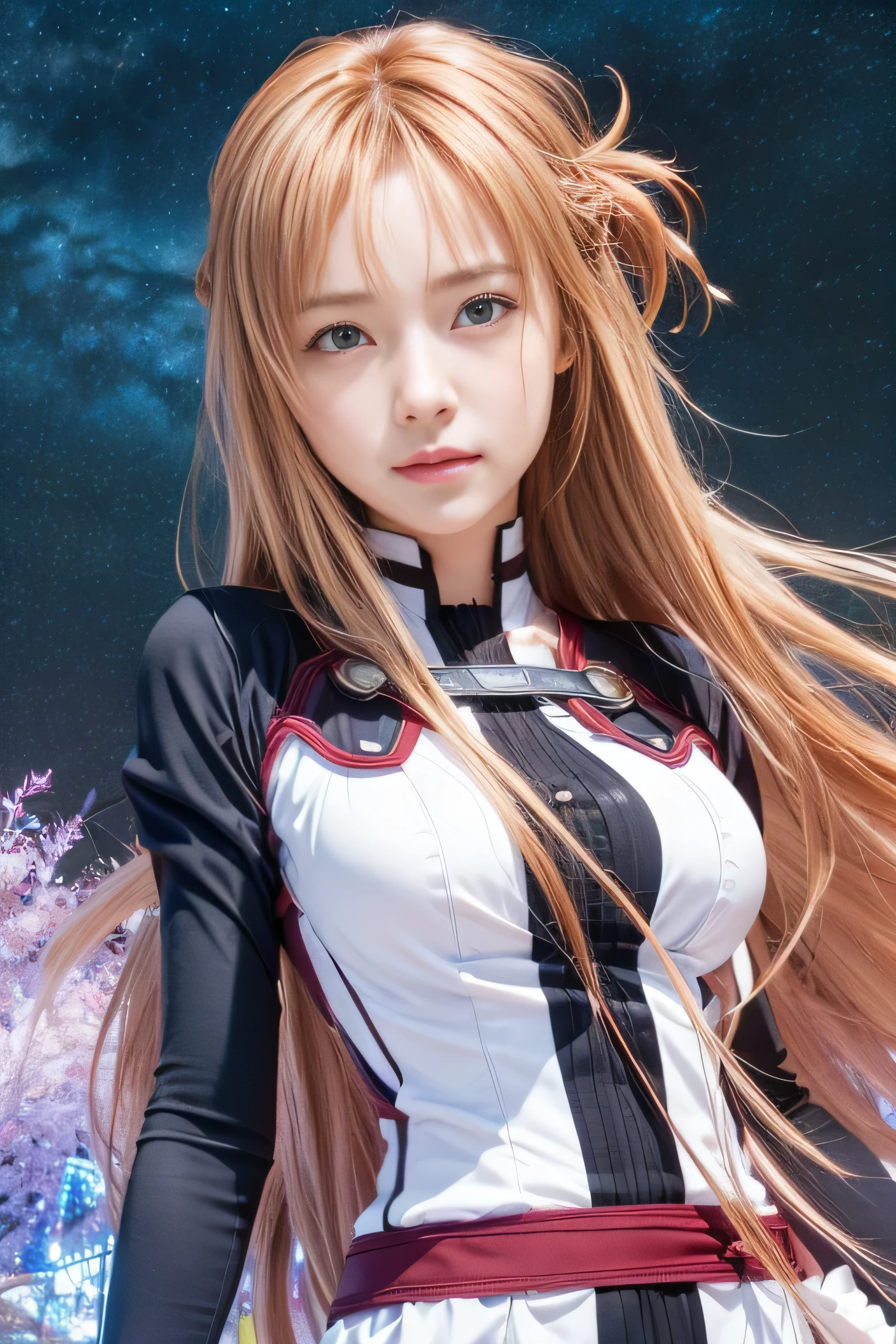 masterpiece, best quality, (realistic,photo-realistic:1.4), (RAW photo:1.2), extremely detailed CG unity 8k wallpaper, delicate and beautiful, amazing, finely detail,official art, absurdres, incredibly absurdres, huge filesize, ultra-detailed, extremely detailed, extremely detailkcaled girl,extremely detailed eyes and face, light on face,little smiles,(long hair:1.3),(caramel hair:1.3),room,nature,small breast,yuuki asuna,(wearing clothes :1.4),(night backround:1.4)