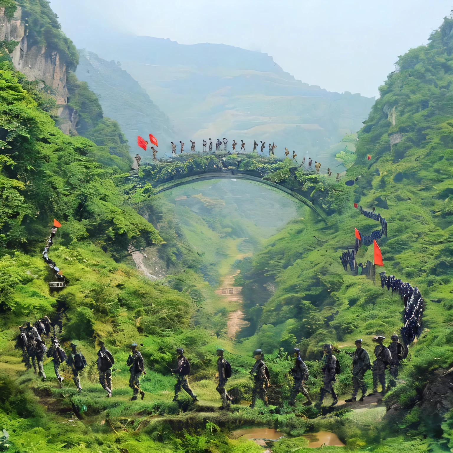 best quality,4K,8K,high resolution,masterpiece,Extremely detailed,Troop training,Soldiers walking,Ranks,Holding a red flag,Mountain Road,Stone Bridge,valley,Green Plants,Mountain,High-spirited