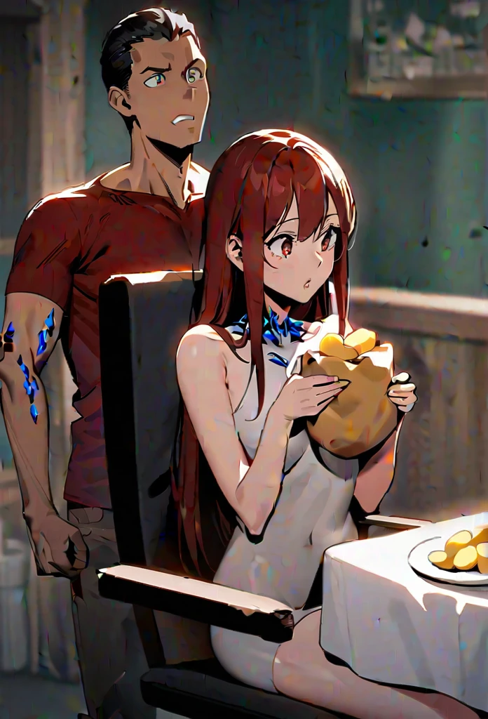 Tall slim woman, long dark red hair, eyes big browns, thin pale lips. Light brunette. She is wearing the of the exploration lesion. He is eating a potato in a chair
