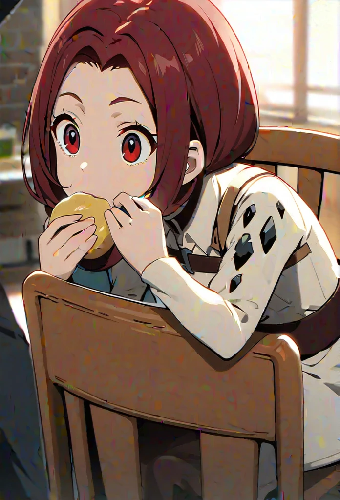 Tall slim woman, long dark red hair, eyes big browns, thin pale lips. Light brunette. She is wearing the of the exploration lesion. He is eating a potato in a chair
