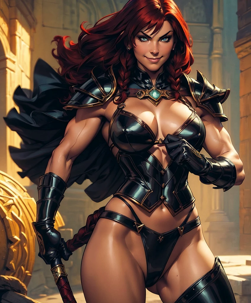 (((Luxurious shoulder-length blackish-reddish hair and sexy smirk.))) (((18 years old.))) (((18yo.))) (((Cute smirk.))) (((Single character image.))) (((1girl)))score_9, score_8_up, score_7_up, (((Looks like Red Sonja.))) beautifully detailed sunlight, soft lighting, (best shadows), looking at viewer, BREAK 1girl, solo focus, (tanned skin:1.3), black hair, quadbraids, bright green eyes, large breasts, (abs:0.8), muscular thighs, wide hips Art inspired by the style of comic book artist Mark Brooks. Looks like a fierce, sexy female warrior in a medieval fantasy setting. Looks like a powerful, muscular female warrior for Dungeons & Dragons. Looks like a sexy, risque female warrior in a medieval fantasy setting. (((wearing black gloves))), (((sexy stare))), A single character portrait, fantasy art, fantasy attire, attractive, very sexy, muscular, powerful body, detailed muscles, youthful, woman in her early 20’s, (((gorgeous face))), (((well-endowed))), voluptuous, female warrior, powerful, dangerous, (((sleazy smile))), (((sexy armor))), revealing armor, gorgeous face, sexy mouth, Dungeons & Dragons character portrait, intricate details, ultra detailed, extremely detailed hands, ultra detailed clothes, combat ready pose, epic masterpiece, ultra detailed, intricate details, award winning, fantasy art concept masterpiece, trending on Artstation, digital art, unreal engine, 8k, ultra HD, centered image