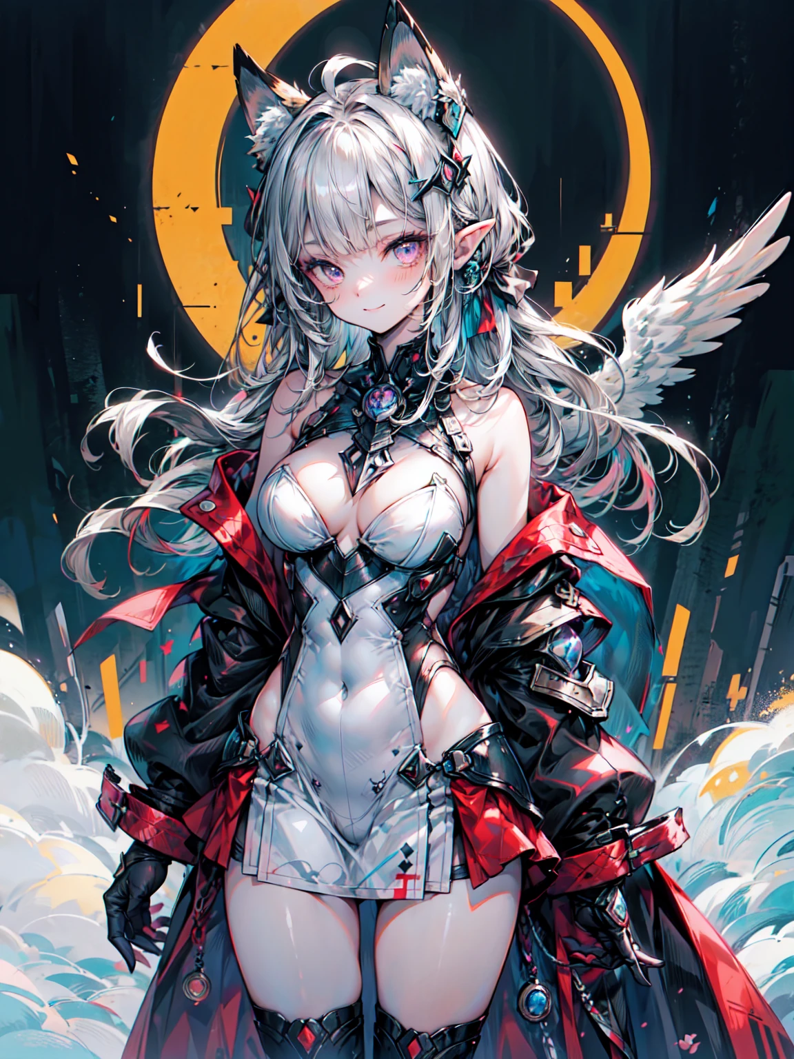 ((4k yen,masterpiece,Highest quality)), Maxi Kit, One girl dresses modestly, alone, whole body, Wide shot, Are standing, Put your sword down, Gray Hair, Long Hair, Valkyrie, armor, Angel, White bra, Side bangs, from the front, Oversized body, night, mountain, View your viewers、Blake、（Dark Elf), (1 Girl), alone, 優しいsmile、Perfect Face, Get used to it, Ahoge, ((Long Hair:1.2)), [[Messy Hair]], Shiny blonde white hair, Purple eyes, Variegated eyes, Colorful Hair, Shining Eyes, (eyelash, eye shadow, pink eye shadow), bright, smile, Design Art：haruhiko mikimoto, by Kawashi, By Yoshitaka Amano, （Dark brown skin）