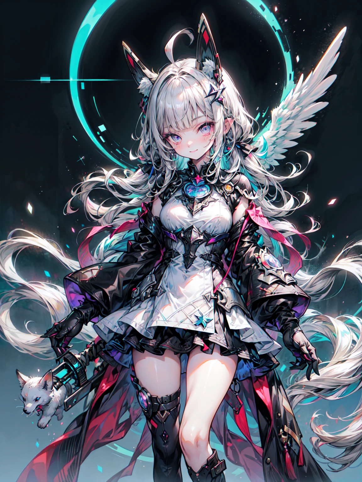 ((4k yen,masterpiece,Highest quality)), Maxi Kit, One girl dresses modestly, alone, whole body, Wide shot, Are standing, Put your sword down, Gray Hair, Long Hair, Valkyrie, armor, Angel, White bra, Side bangs, from the front, Oversized body, night, mountain, View your viewers、Blake、（Dark Elf), (1 Girl), alone, 優しいsmile、Perfect Face, Get used to it, Ahoge, ((Long Hair:1.2)), [[Messy Hair]], Shiny blonde white hair, Purple eyes, Variegated eyes, Colorful Hair, Shining Eyes, (eyelash, eye shadow, pink eye shadow), bright, smile, Design Art：haruhiko mikimoto, by Kawashi, By Yoshitaka Amano, （Dark brown skin）