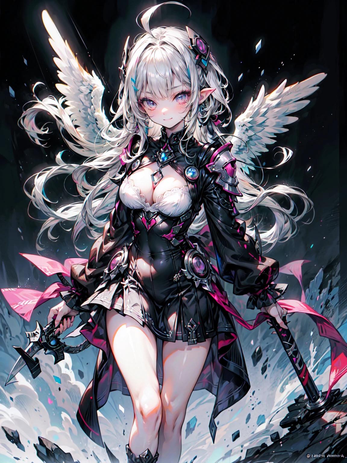 ((4k yen,masterpiece,Highest quality)), Maxi Kit, One girl dresses modestly, alone, whole body, Wide shot, Are standing, Put your sword down, Gray Hair, Long Hair, Valkyrie, armor, Angel, White bra, Side bangs, from the front, Oversized body, night, mountain, View your viewers、Blake、（Dark Elf), (1 Girl), alone, 優しいsmile、Perfect Face, Get used to it, Ahoge, ((Long Hair:1.2)), [[Messy Hair]], Shiny blonde white hair, Purple eyes, Variegated eyes, Colorful Hair, Shining Eyes, (eyelash, eye shadow, pink eye shadow), bright, smile, Design Art：haruhiko mikimoto, by Kawashi, By Yoshitaka Amano, （Dark brown skin）