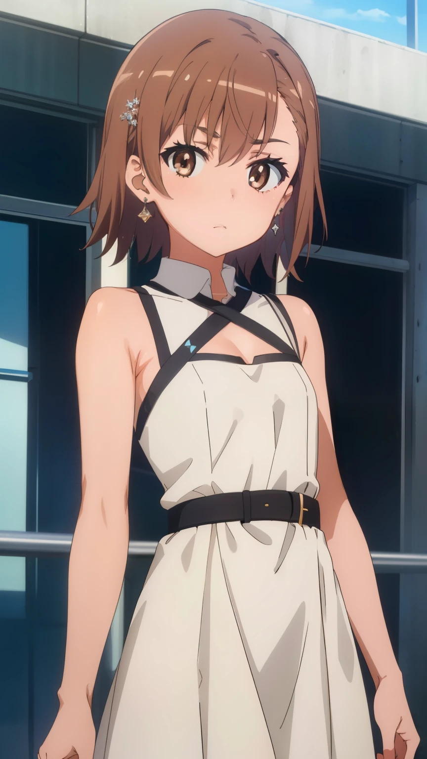 (masterpiece, best quality, 8k:1.2),(anime:1.1), misaka_mikoto, brown hair, short hair, hairpin, small breasts, 1girl, (diamond dress, revealing, earrings), cowboy shot, looking at viewer,