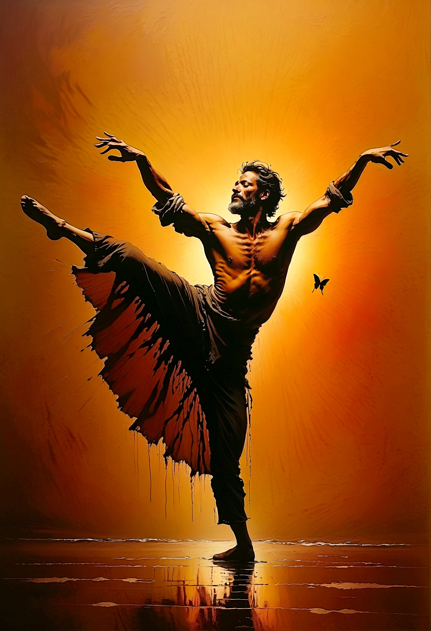 Soul Dancer Mark,A homeless man dancing alone in the rain，soul，Barefoot，Loose and worn clothes，Professional ballet movements，Fingertips 1 butterfly，Very contagious，Splash，Light and Shadow，Minimalism，artistic conception，Clean background