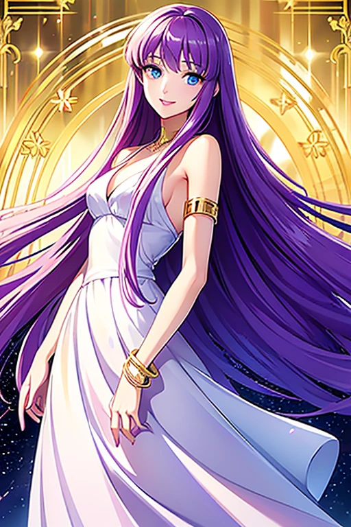 kido saori、Shiny purple hair, Long Straight Hair,Beautiful blue eyes、smile、 (Fine grain)、Ultra-detailed eyes、Very detailedな顔, Very detailedな目,Cowboy Shot、


Highest quality, Highest quality, 16K, Unbelievably absurd, Very detailed, 2.5D, delicate and dynamic, Movie Scenes, formal, Poster Design, 


masterpiece、High resolution、High resolution、High resolution、1 female、、Pink Lip Gloss、White long dress、((Golden accessories、Bracelet))、A kind smile、、