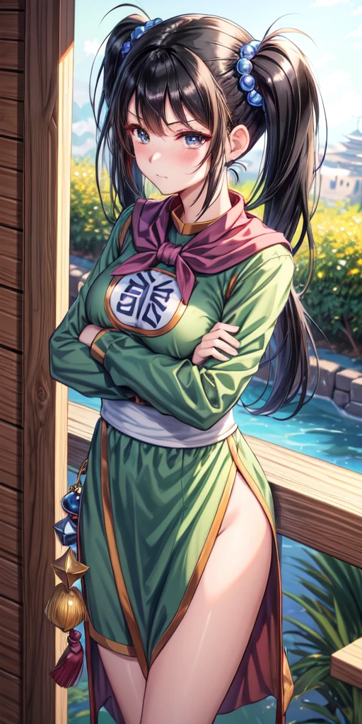 masterpiece, best quality, 4k, 8k, fighter (dq3), 1girl, solo, long hair, twintails, looking at viewer, black hair, hair ornament, long sleeves, dress, medium , closed mouth, cowboy shot, black eyes, chinese clothes, hair bobbles, clenched hand, crossed arms, Feet Apart, Ancient Castle