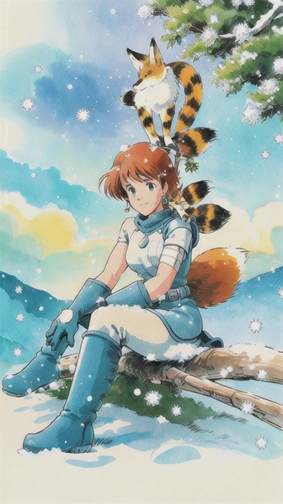 Nausicaa C,
arms,jewelry,Earrings,gloves,boots,Sitting,1980s (style),Blue footwear,retro artstyle,snow,alone,Traditional Media,blue gloves,sheath,sheathed,animal,snowing,bandage,Sitting in wood,wood,smile,pants,Painting (Moderate),knee boots,belt,branch,watercolor (Moderate),white pants,Fantasy,View your viewers,animal on shoulder,Fox,