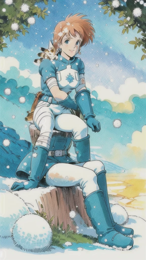 Nausicaa C,
arms,jewelry,Earrings,gloves,boots,Sitting,1980s (style),Blue footwear,retro artstyle,snow,alone,Traditional Media,blue gloves,sheath,sheathed,animal,snowing,bandage,Sitting in wood,wood,smile,pants,Painting (Moderate),knee boots,belt,branch,watercolor (Moderate),white pants,Fantasy,View your viewers,animal on shoulder,Fox,