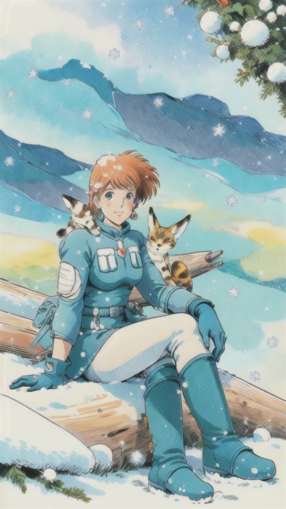 Nausicaa C,
arms,jewelry,Earrings,gloves,boots,Sitting,1980s (style),Blue footwear,retro artstyle,snow,alone,Traditional Media,blue gloves,sheath,sheathed,animal,snowing,bandage,Sitting in wood,wood,smile,pants,Painting (Moderate),knee boots,belt,branch,watercolor (Moderate),white pants,Fantasy,View your viewers,animal on shoulder,Fox,