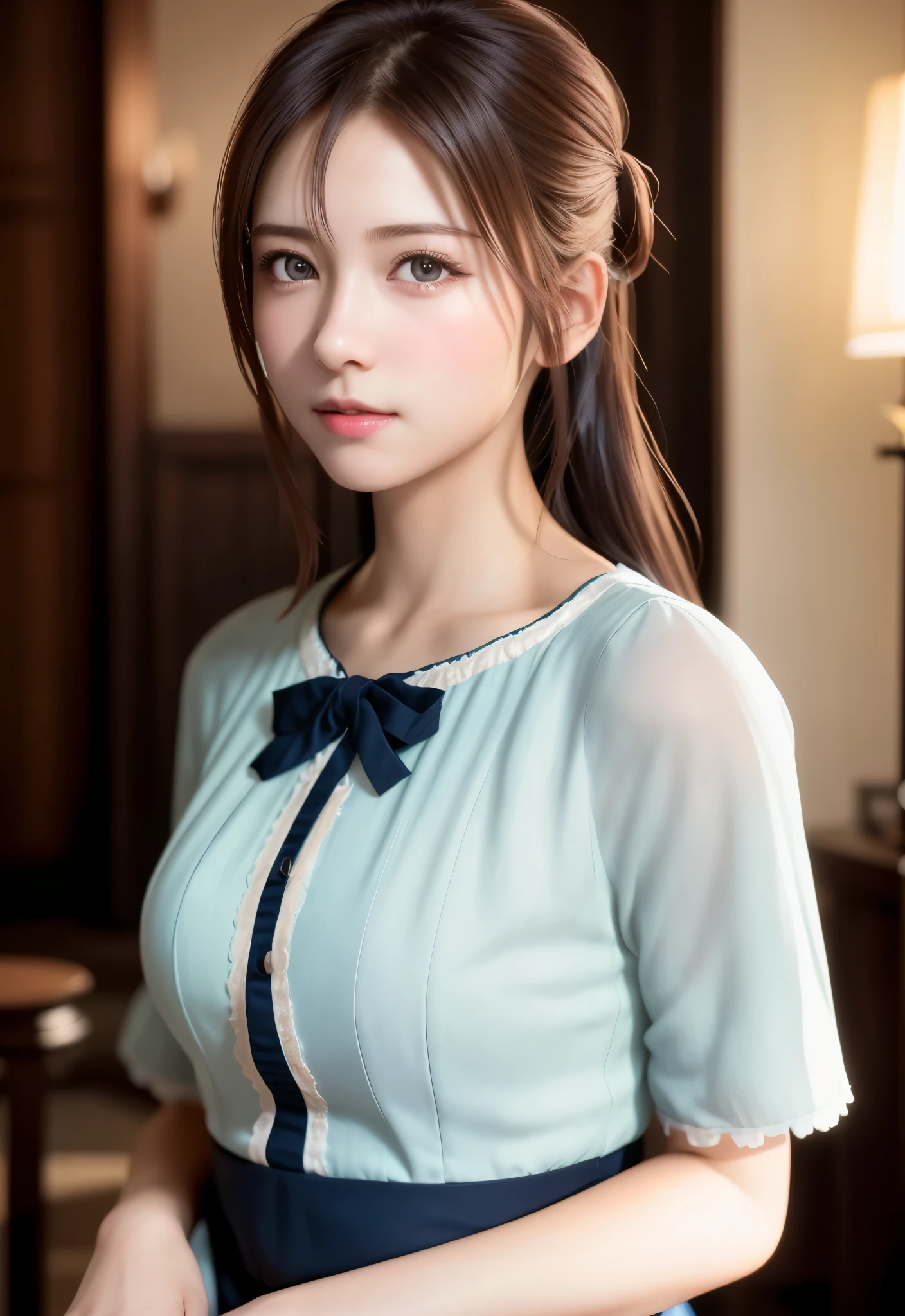 8K, of the highest quality, masutepiece:1.2), (Realistic, Photorealsitic:1.37), of the highest quality, masutepiece, Beautiful young woman, Pensive expression,、A charming、and an inviting look, Cute Maid Clothes, Hair tied back, Cinematic background, Light skin tone