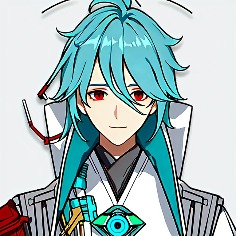 masterpiece, best quality, simple background, simple background, simple background, simple background, portrait, solo, 1boy, 30 years old, light turquoise hair, robotic left side of his face, wires sticking out of his left eye, bright red eyes, white medical coat