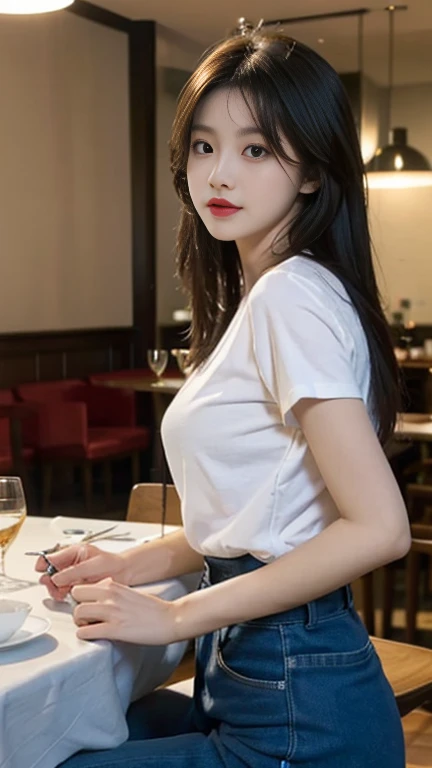 1 Girl,Dining room,Soft Light,Chinese Beauty,Tight Fit,Short-sleeved shirt,Dark-haired,long hair