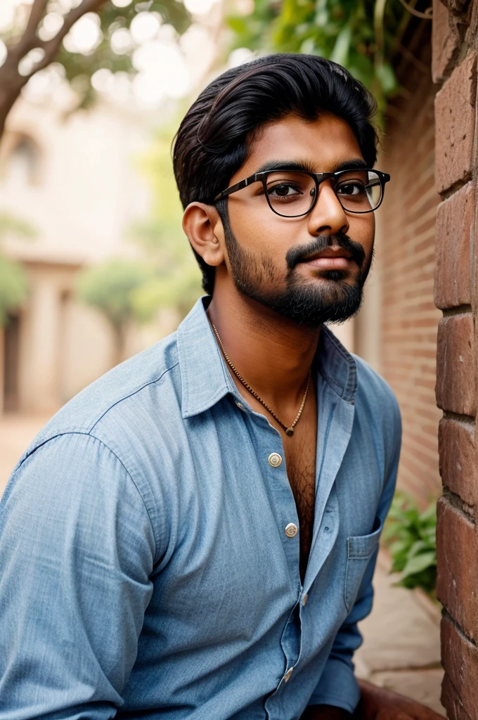 Indian boy having little beard back posing full portrait wearing specs