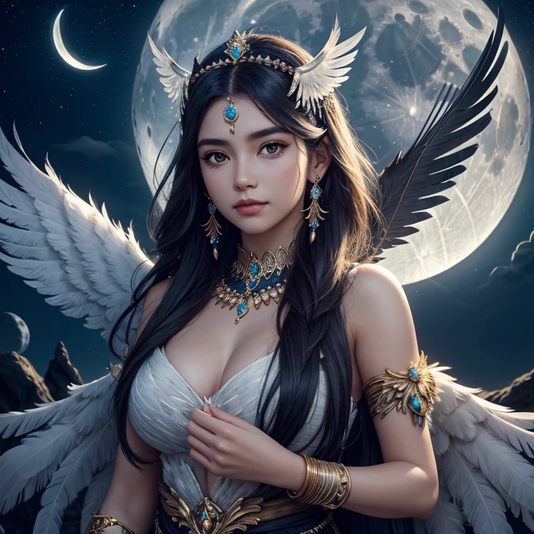 1girl, high quality face, detailed face, armlet, bird, earrings, feather hair ornament, feathered wings, feathers, full moon, head wings, headdress, jewelry, moon, moonlight, night, night sky, solo, sun, upper body, wings, 8k , masterpiece, high quality