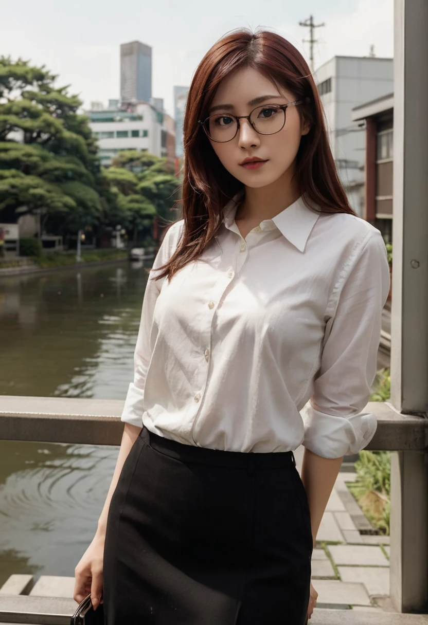 a woman in her 20s, office attire, glasses, dark red hair, wolf-cut hairstyle, detailed face, detailed eyes, detailed lips, detailed nose, Tokyo cityscape background, photorealistic, ultra-detailed, cinematic lighting, vibrant colors, 8k, best quality