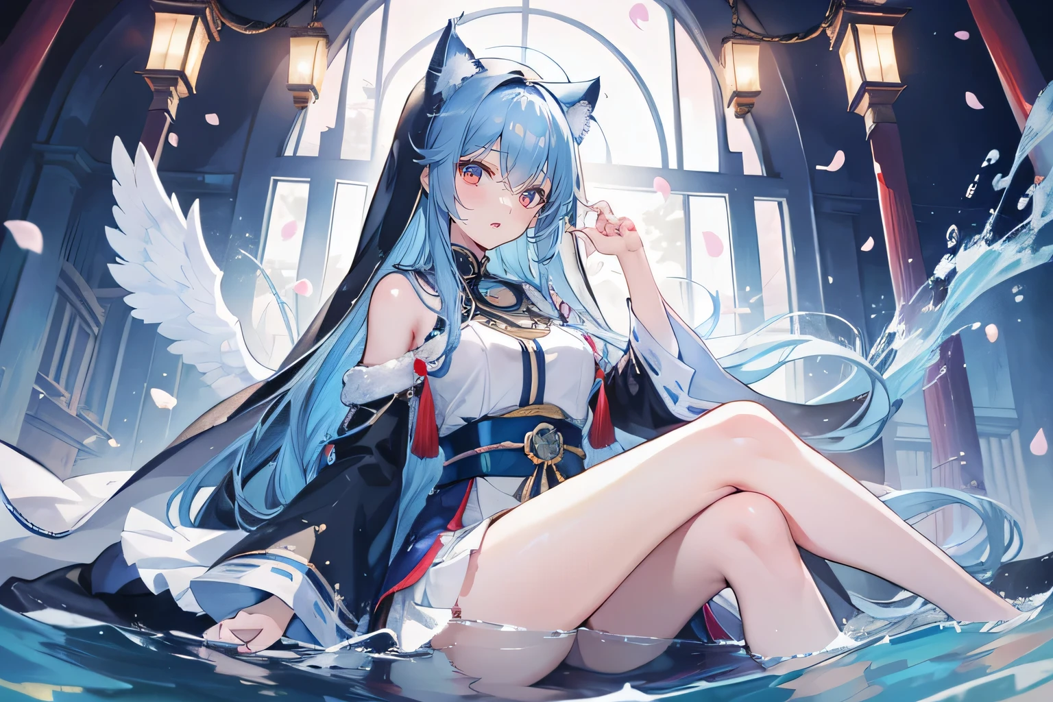 (masterpiece:1.2),Super detailed,lifelike,Expressive eyes,fair skin,perfect face shape,1 girl,
Japanese comics,Gorgeous blue hair,flowing blue hair,flowing clothes,Cat ears,Petals fall,beautiful lola,Baby Angel,
Shaking head with one hand,Cross your legs,Gentle and peaceful background,The pavilion is cool and comfortable,smile, winter,lie on the water,Nun's Clothes,stately church。