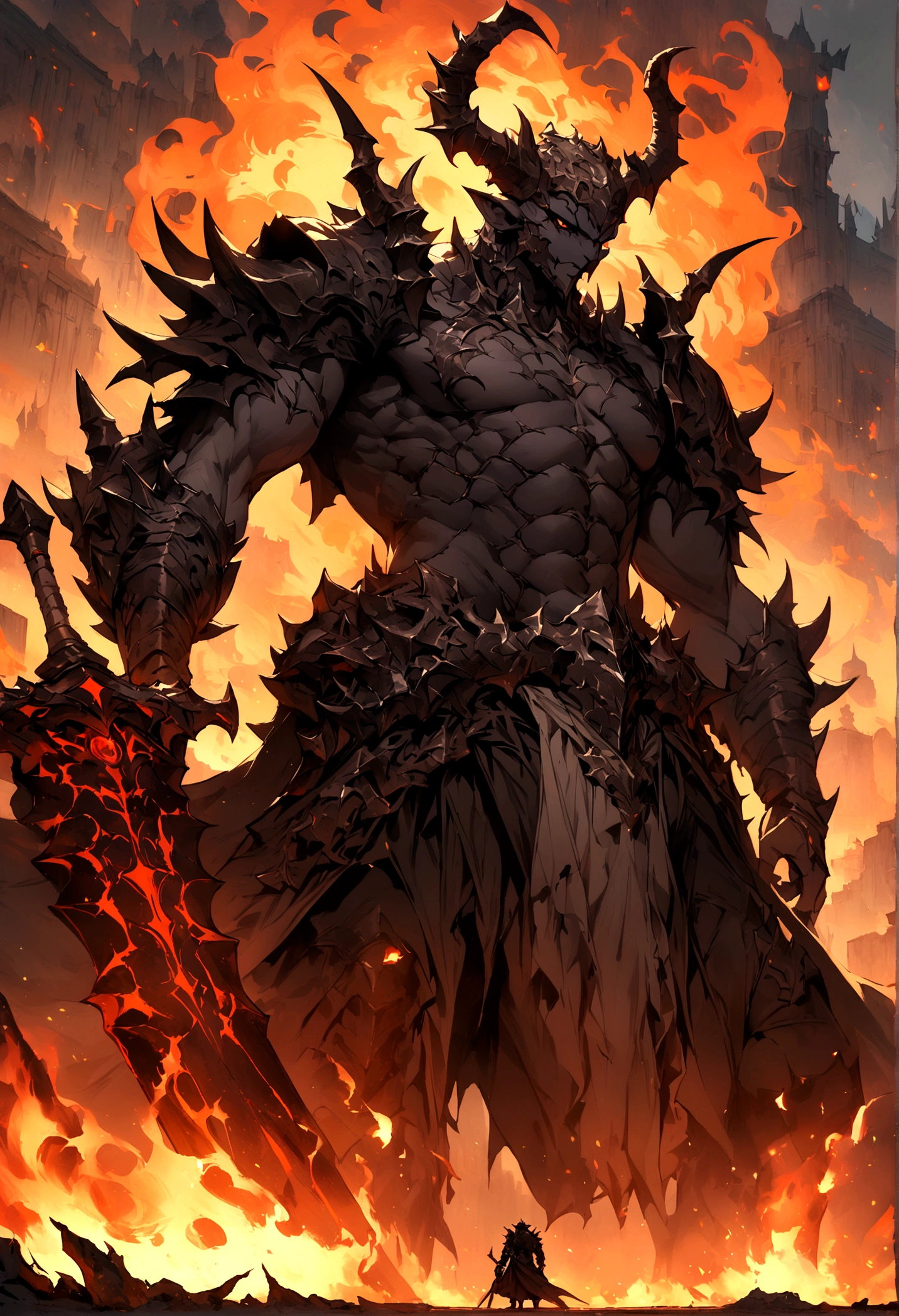 ((best quality)), ((masterpiece)), (detailed), male Demon lord with big swords head and shoulders only with fire