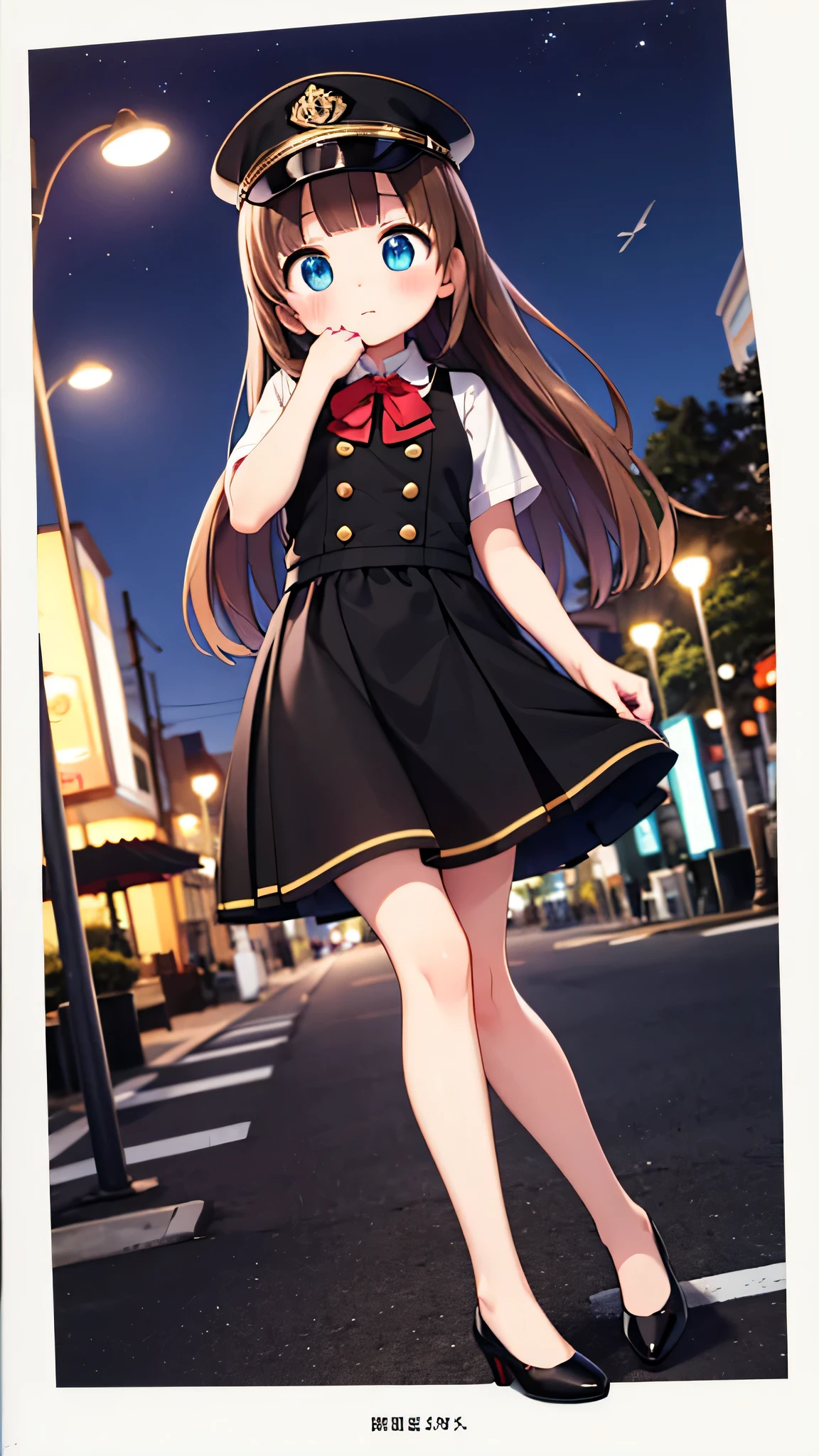 {Highest quality}, {Super beautiful},{Ultra fine},{Best illustration},Brown Hair,Hime cut,semi-long,Bangs,girl,Uniform cap,White Shirt,Short sleeve,Long black skirt,Night Park,Blushing,Slender women, A woman wearing plain black pumps,Bare feet and pumps,Stand with your legs together,From an angle