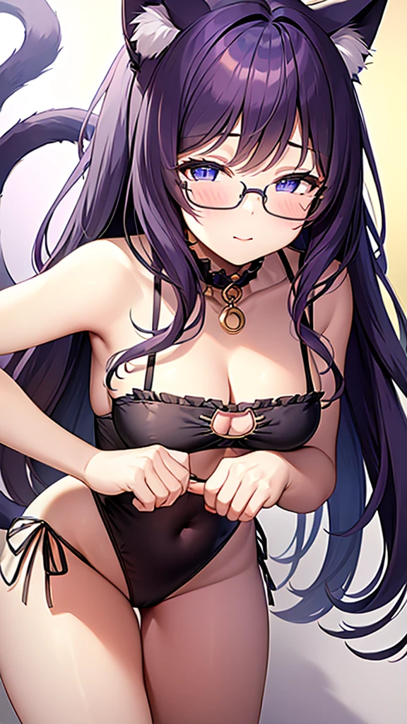 (Masterpiece), (best quality), Cat girl, 20 years old, long hair, dark purple hair, chest, blue eyes, cat ears and cat tail, wears round glasses.