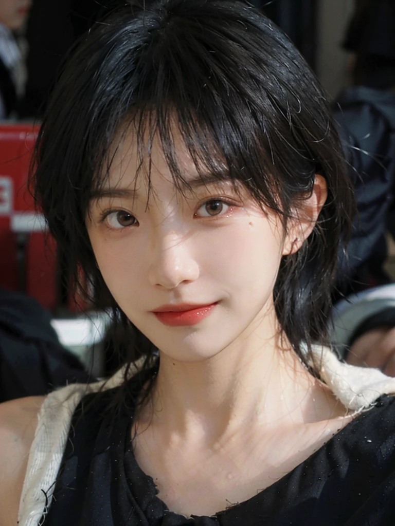(Skin details:1.4), (smooth skin textures:1.3), (Upper Body:1.4),(Upper Body:1.3),(Black clothes:1.4),Lipstick, background, earrings, serene, calm, (Realistic and detailed eyes:1.2), Natural skin texture, Realistic facial details, Soft dramatic lighting, Vivid details, 35 mm film, outdoor, (Photo Practical:1.4), (hyper Practical:1.4), (Practical:1.3), (Smoother lighting:1.05), (Improve lighting quality:0.9), (Highest quality real skin textures:1.4), Exquisite eyes, Delicate face, Close-up of face, (Enhance the beauty of skin texture:1.1),0Normal body proportions, short hair, Moles under the eyes, A faint smile,Portrait Photography, Depth of Field, Bokeh, Surrealism, Ray Tracing, (Portrait Photography:1.1), Surrealism, High Detail, Chiaroscuro, Ray Tracing, reflected light, Ultra HD, Ultra HD, masterpiece, Textured Skin, Super Detail, High Detail, high quality, best quality