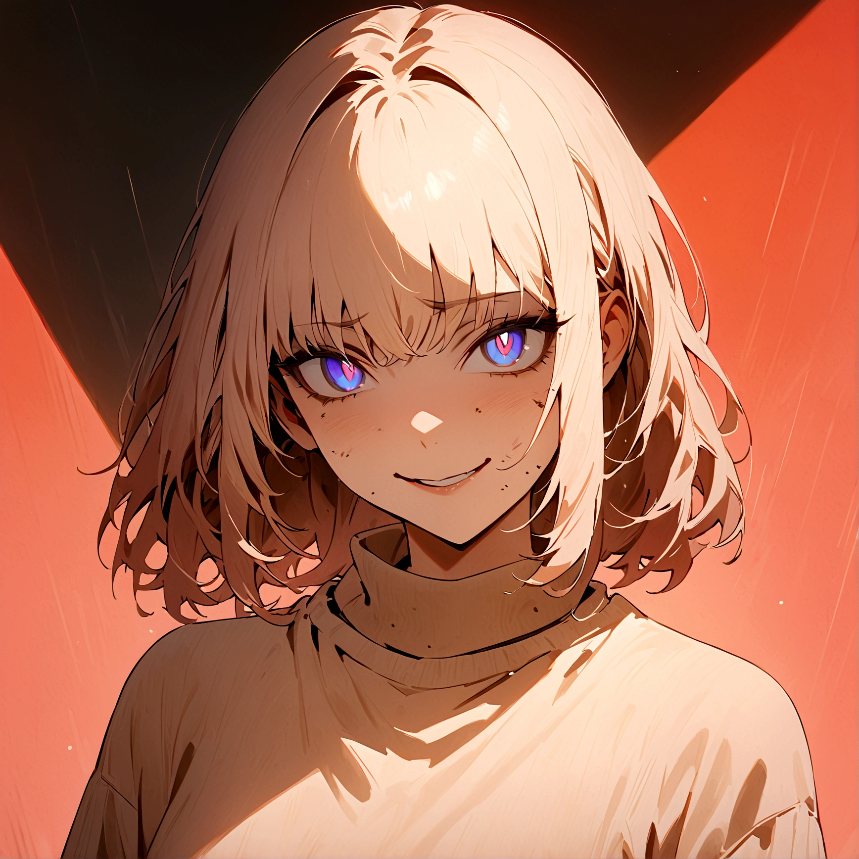 (Masterpiece:1.2, Best Quality), 1 beautiful woman, whole body, dirty white sweater, Casual, wide, minimal makeup, , pale,Natural fabrics, closeup face, evil smile, bright eyes circular pupils,8K high resolution, detailed lines, ((whole body)) artista rockworm