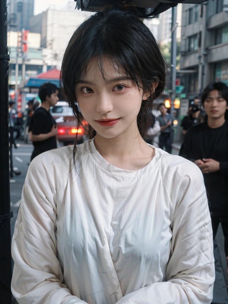 (Skin details:1.4), (smooth skin textures:1.3), (Upper Body:1.4),(Upper Body:1.3),(Black clothes:1.4),Lipstick, background, earrings, serene, calm, (Realistic and detailed eyes:1.2), Natural skin texture, Realistic facial details, Soft dramatic lighting, Vivid details, 35 mm film, outdoor, (Photo Practical:1.4), (hyper Practical:1.4), (Practical:1.3), (Smoother lighting:1.05), (Improve lighting quality:0.9), (Highest quality real skin textures:1.4), Exquisite eyes, Delicate face, Close-up of face, (Enhance the beauty of skin texture:1.1),0Normal body proportions, short hair, Moles under the eyes, A faint smile,Portrait Photography, Depth of Field, Bokeh, Surrealism, Ray Tracing, (Portrait Photography:1.1), Surrealism, High Detail, Chiaroscuro, Ray Tracing, reflected light, Ultra HD, Ultra HD, masterpiece, Textured Skin, Super Detail, High Detail, high quality, best quality