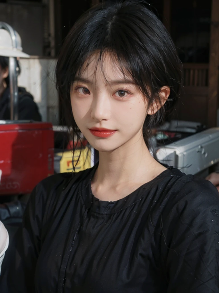(Skin details:1.4), (smooth skin textures:1.3), （Upper Body：1.4），（Upper Body：1.3)，(Black clothes:1.4)，Lipstick, background, earrings, serene, calm, (Realistic and detailed eyes：1.2）, Natural skin texture, Realistic facial details, Soft dramatic lighting, Vivid details, 35 mm film, outdoor, (Photo Practical:1.4), (hyper Practical:1.4), (Practical:1.3), (Smoother lighting:1.05), (Improve lighting quality:0.9), (Highest quality real skin textures:1.4), Exquisite eyes, Delicate face, Close-up of face, (Enhance the beauty of skin texture:1.1),0Normal body proportions, short hair, Moles under the eyes, A faint smile,Portrait Photography, Depth of Field, Bokeh, Surrealism, Ray Tracing, (Portrait Photography:1.1), Surrealism, High Detail, Chiaroscuro, Ray Tracing, reflected light, Ultra HD, Ultra HD, masterpiece, Textured Skin, Super Detail, High Detail, high quality, best quality