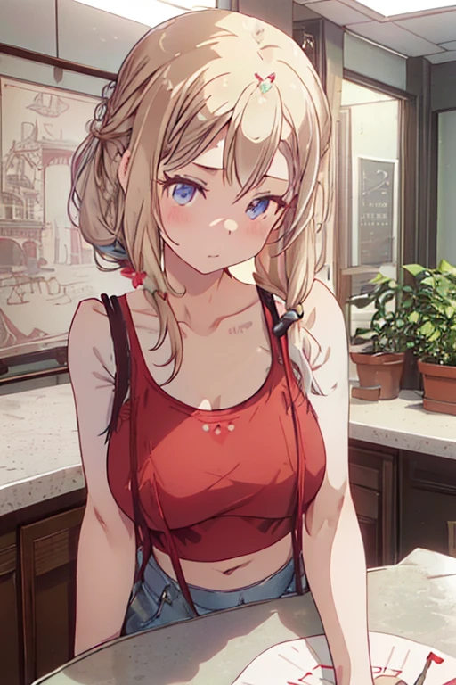 masterpiece、highest quality、Very detailed、An illustration、Beautiful fine details、One Girl、cute、Detailed landscape、Training Room Background:1.4、Platinum Blonde Hair、Braided Ponytail、Red camisole、((D cup breasts, Tank top showing underboob:1.3))