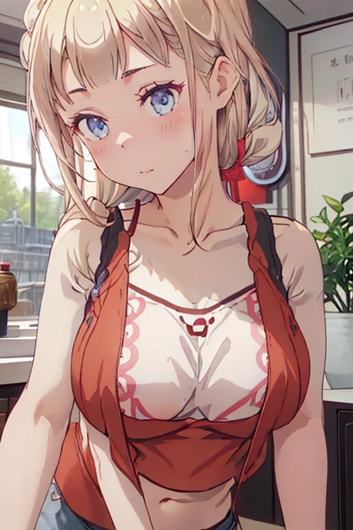 masterpiece、highest quality、Very detailed、An illustration、Beautiful fine details、One Girl、cute、Detailed landscape、Training Room Background:1.4、Platinum Blonde Hair、Braided Ponytail、Red camisole、((D cup breasts, Tank top showing underboob:1.3))