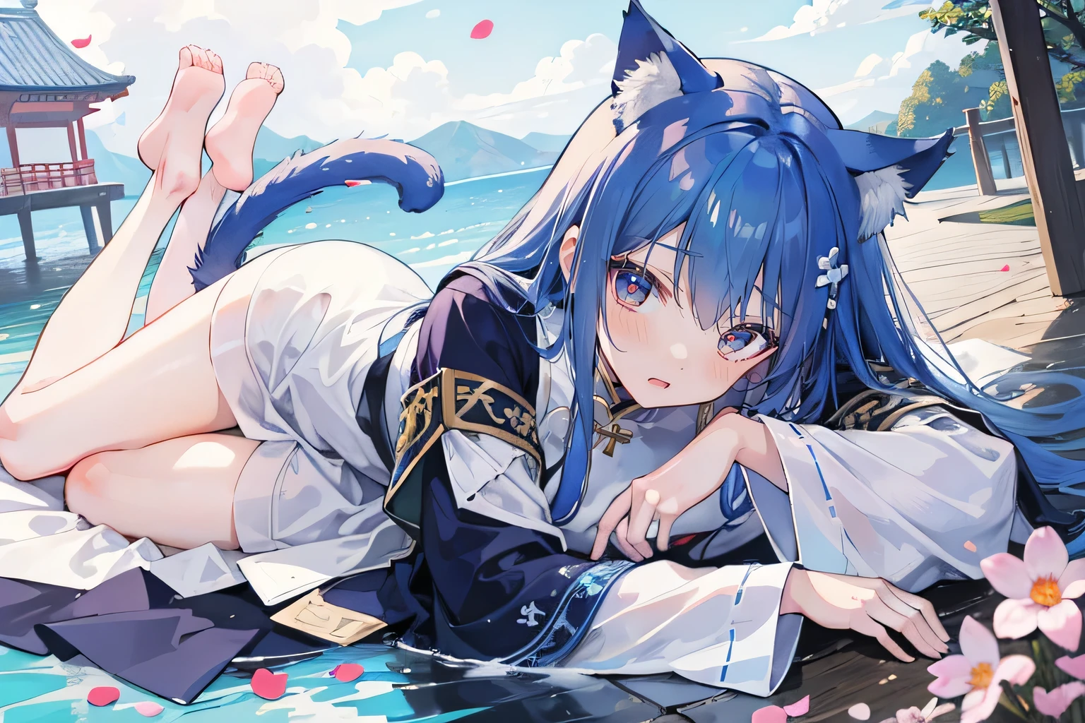 （masterpiece：1.2），Super detailed，lifelike，Expressive eyes，fair skin，perfect face shape，1 girl，
Japanese comics,Gorgeous blue hair,flowing blue hair,flowing clothes,Cat ears,Petals fall,beautiful lola,Baby Angel,
Shaking head with one hand，Cross your legs，Gentle and peaceful background，The pavilion is cool and comfortable,smile, winter,lie on the water，Nun&#39;s Clothes，stately church。