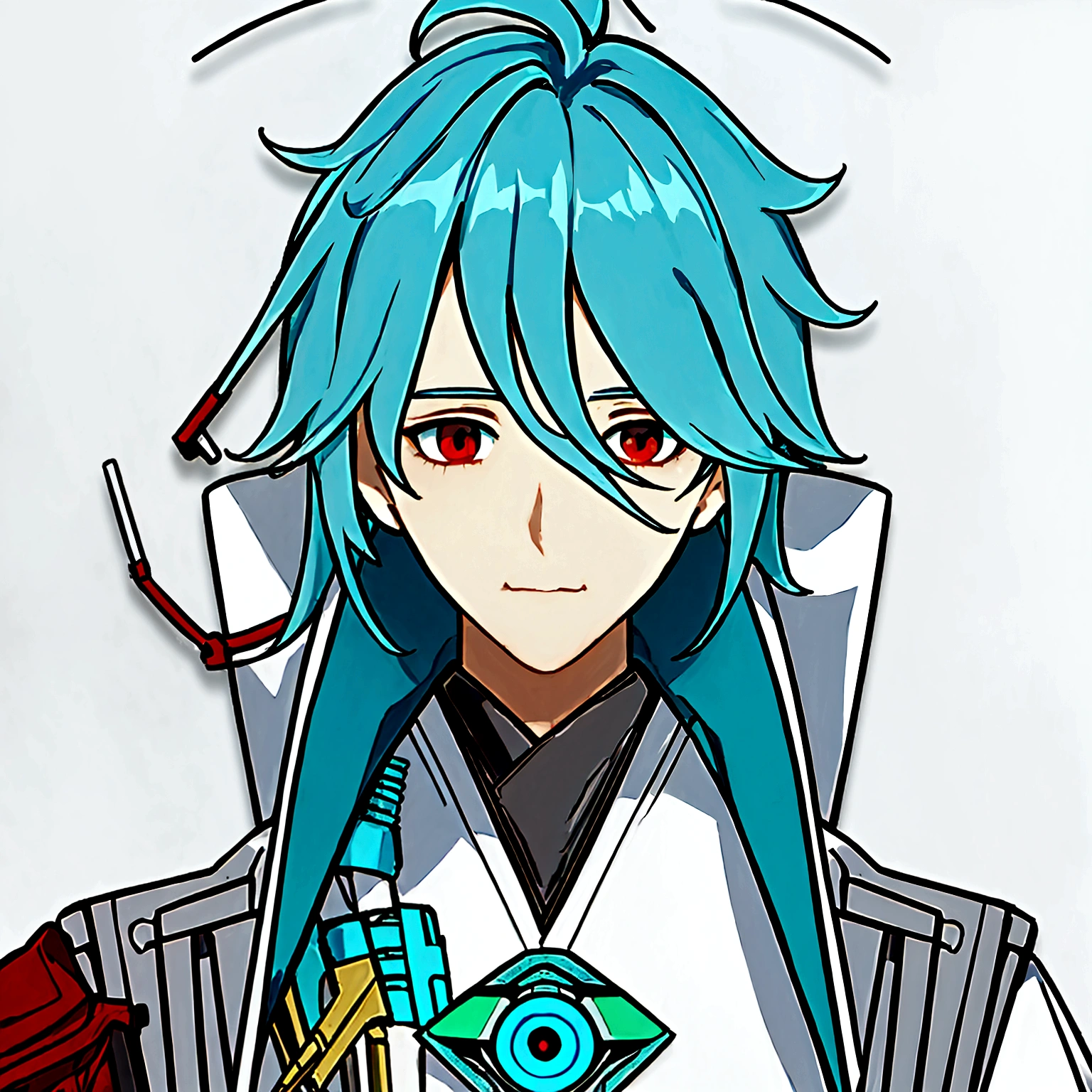 masterpiece, best quality, simple background, simple background, simple background, simple background, portrait, solo, 1boy, 30 years old, light turquoise hair, robotic left side of his face, wires sticking out of his left eye, bright red eyes, white medical coat