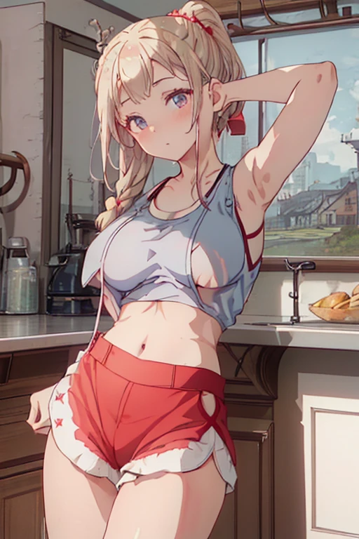 masterpiece、highest quality、Very detailed、An illustration、Beautiful fine details、One Girl、cute、Detailed landscape、Training Room Background:1.4、Platinum Blonde Hair、Braided Ponytail、Red camisole、((D cup breasts, Tank top showing underboob:1.3))