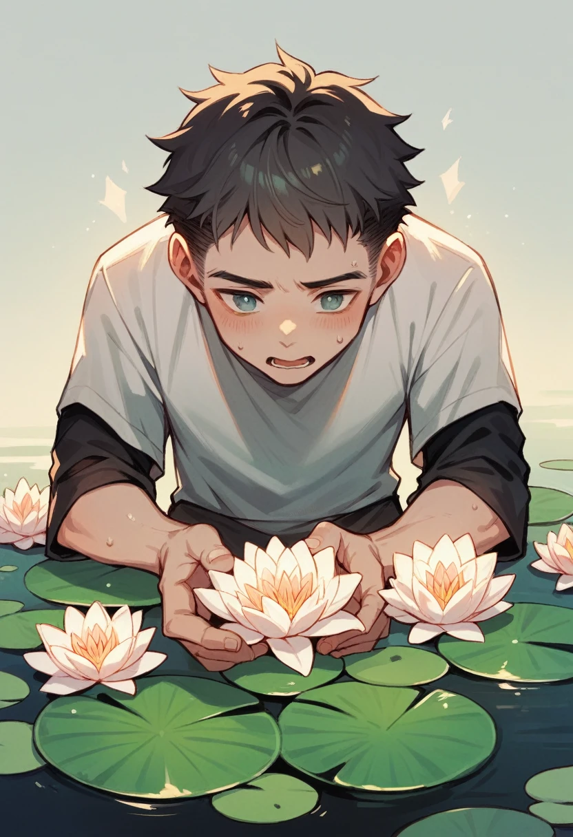 A boy holding a lotus
