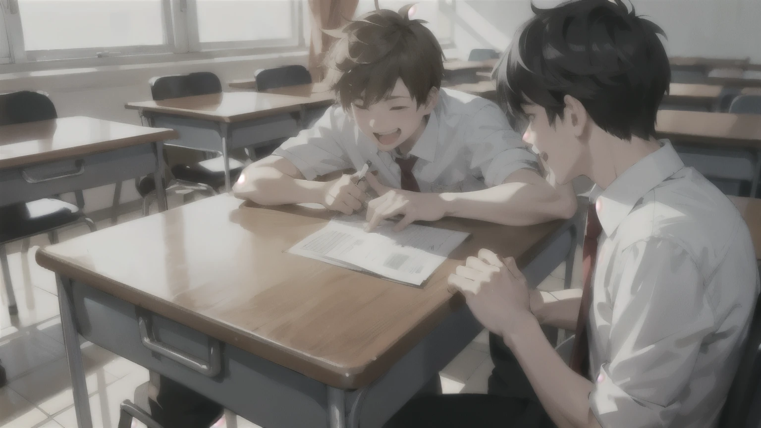 A male high school student is taking a test in the classroom,laughing