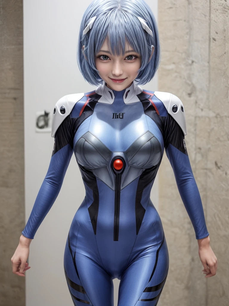 Masterpiece, highest quality, 8K, detailed skin texture, fine cloth texture, beautiful detailed face, intricate details, super detailed, portrait of Rei Ayanami, blue hair, red eyes, looking far away, no background, Evangelion Wearing a plug suit when riding, plug suit, whole body visible, standing, arms crossed, , beautiful, cute, great style, smiling,composition that shows the whole body,