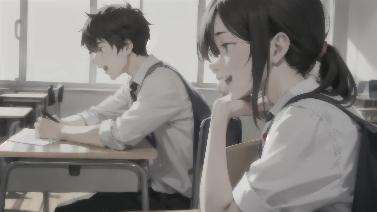 A male high school student is taking a test in the classroom,laughing