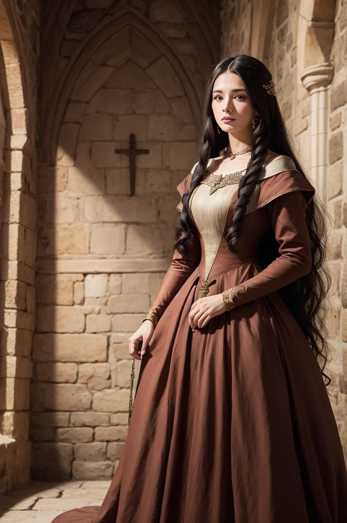 medieval woman with long hair and dress