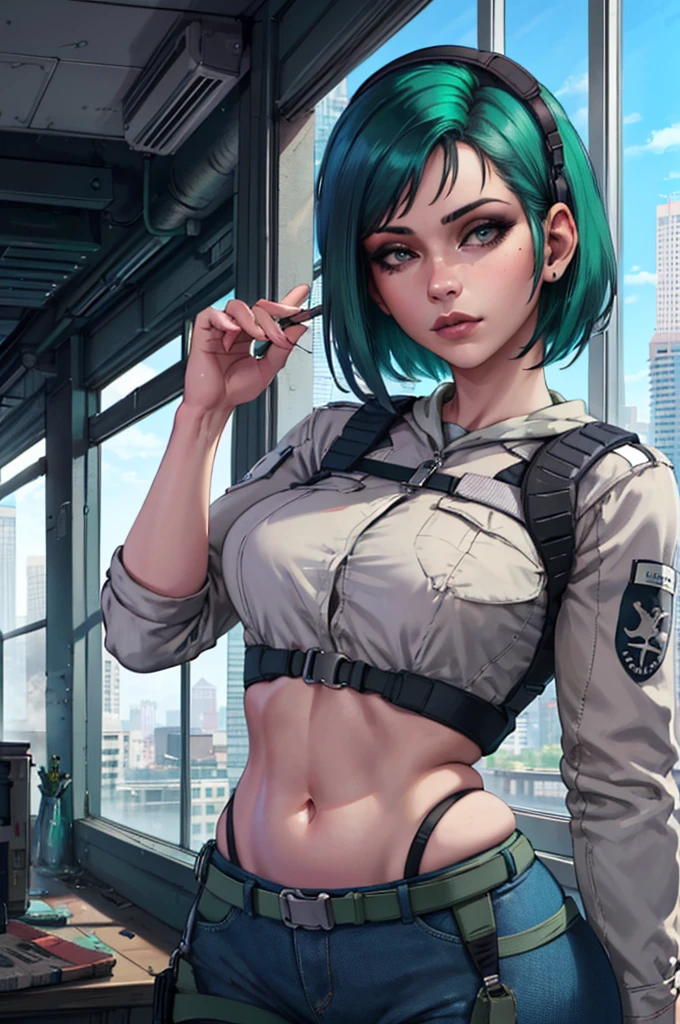 beautifulgorgeous, bikini,  (curvy), beautiful cityscape, milf, masterpiece, best quality, extreme detail, 8k, image sharpness, ela_(rainbow_six_siege), masterpiece, best quality, 1girl, solo, green hair, realistic, short hair,(insanely detailed, beautiful detailed face, beautiful detailed eyes, masterpiece, best quality)