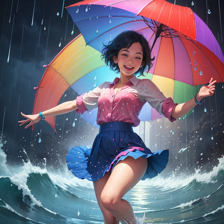 Doodle of a joyful person dancing under the rain, umbrella in hand, water splashing around, with musical notes and raindrops in the background, vibrant colors and whimsical style.